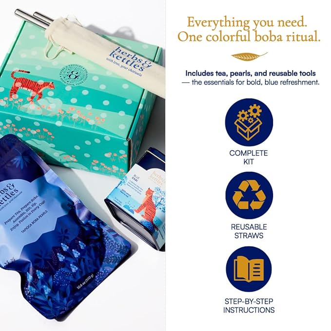 Herbs & Kettles Blue Chai Boba Kit | Butterfly Pea Flower Chai with Ginger, Cardamom, Cloves & Cinnamon + Chewy Tapioca Pearls | Complete DIY Caffeine-Free Bubble Tea Kit with Reusable Straws |