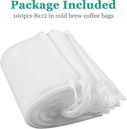 Yzurbu 100pcs 8''x12'' Cold Brew Coffee Bags, No Mess Disposable Filter Bag with Drawstring for Coffee Grounds & Ice Tea