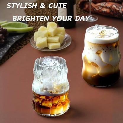 2 Pcs Ribbed Glass Cups, 18oz Vintage Ripple Drinking Glasses Glassware for Iced Coffee, Juice, Milk, Cocktails, Water, Cold Beverages