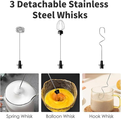 Rechargeable Milk Frother Handheld with 3 Detachable Stainless Steel Whisks, 3 Speed Adjustable Electric Whisk Foam Maker, Handheld Drink Mixer, Frother Wand for Coffee, with Storage and Charging Base
