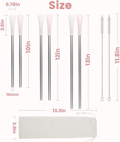 OUTXE Anti Wrinkle Straw 6 Pcs, Flat Wide Drinking Straw for Stanley Cup 40 oz 30 oz, Reusable Wrinkle Free Long Stainless Steel Metal Straw for Lip with Cleaning Brush and Carrying Bag