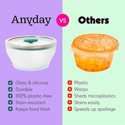 Anyday 8-Cup Microwave Cookware & Glass Container with Glass Lid, Plastic-Free Deep Food Storage | Stackable Airtight Steamer with Vented Lid for Microwave-Safe Reheating, Steaming Vegetables & Rice