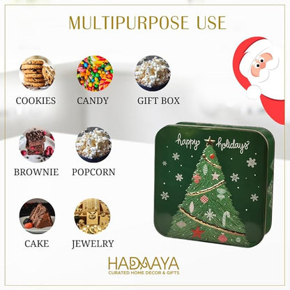 Pack of 2 Square Metal Christmas Cookie Tins With Lids, Elegant Green & Gold Festive Tins, Multipurpose Tins For Gift Giving, Durable & Stylish Storage Solution For Cake, Candy & More
