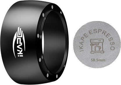 IKAPE Magnetic Dosing Funnel Set, 58MM Espresso Dosing Ring & Puck Screen Kit Compatible with 58MM Bottomless Portafilter - with 10 Small Magnet (Black)