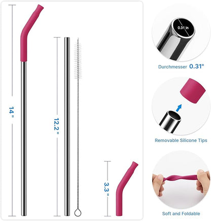 Metal Straw with Silicone Tip for 40oz Stanley Cup, 2 Pcs Stainless Steel Straws Replacement for Stanley 40 oz Adventure Quencher Travel Tumbler Cup, 1 Straw Brush (Fuchsia Red)