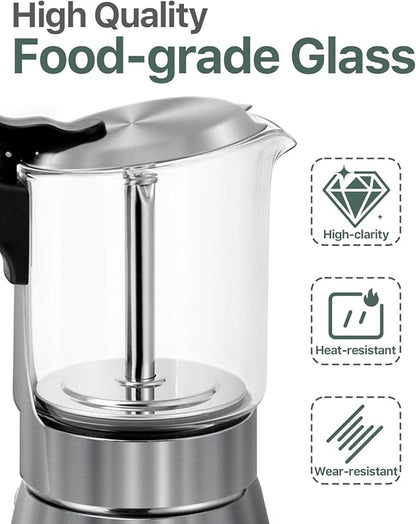 Grasseed Stainless Steel Moka Pot, Crystal Glass-top Coffee Maker Mocha Pot, Italian Stovetop Espresso Maker for Coffee - 6 Cup/240ml