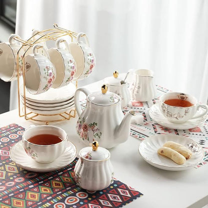 Porcelain Tea Sets British Royal Series, 8 OZ Cups & Saucer Service for 6, with Teapot Sugar Bowl Cream Pitcher Teaspoons and Tea Strainer, Suitable for High Tea, Wedding, Party（Rose Flower）