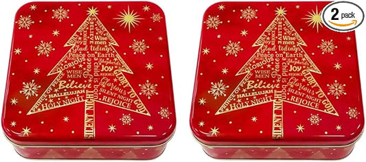 Pack of 2 Square Metal Christmas Cookie Tin Set, Red & Gold, Multipurpose Gift Tins, Durable Storage Solution for Cakes, Candies & More