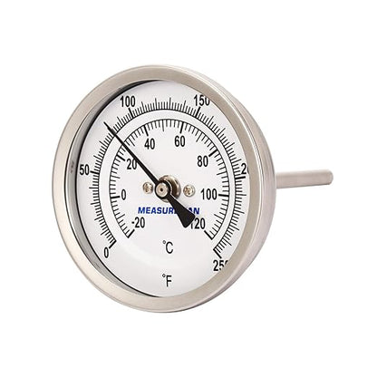 MEASUREMAN Fully Stainless Steel Pot, Kettle, Brewing Bimetal Thermometer, 3" Dial, 4" Stem, 0-250 deg F/-20-120 deg C, -1% Accuracy, Adjustable, 1/2" NPT Back Mount