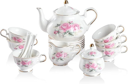 Sweejar Porcelain Tea Sets, Vintage British Floral Relief Gold Rimmed Teapot Cup and Saucer Set, Tea Set Service for 6, with Teapot, Sugar Bowl, Milk Jug, Spoons, Tea Cup and Saucer (Pink Flower)