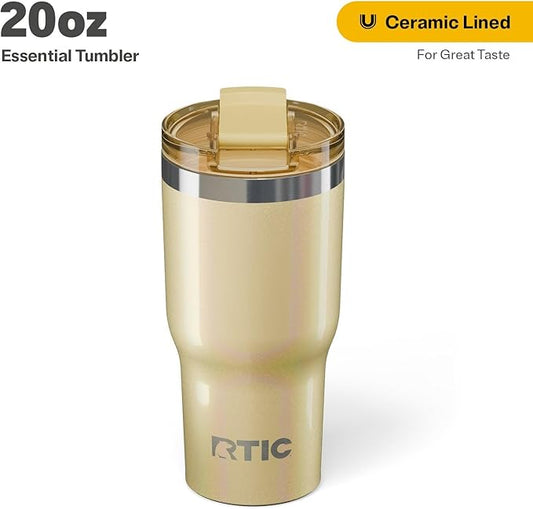 RTIC 20oz Essential Tumbler with Lid, Insulated, Stainless Steel, Metal, Double Wall Vacuum-Insulation, Ceramic Lined, Travel Cup for Iced Coffee, Tea, Hot and Cold Drink, Sunlight Glitter