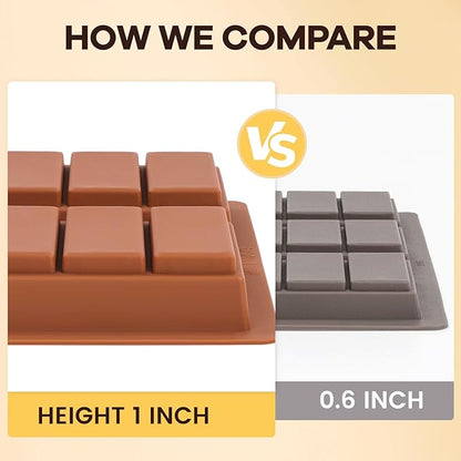 Dubai Chocolate Molds 1 Inch Deep, Silicone Chocolate Bar Mold – Non-Stick, Flexible, Large and Thick Homemade Chocolates, Candies, and Desserts - Set of 2