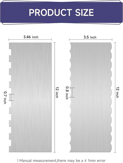 12 Inch Stainless Steel Cake Scraper Set of 2, Metal Cake Scraper Double Sided Patterned Edge for Icing Smoother,Tall Cake Scraper, Cake Combs for Buttercream