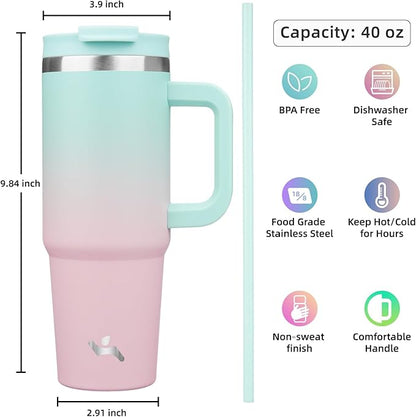 40 oz Tumbler with Handle and 2 Straws,2 in 1 Lid Insulated Water Bottle Stainless Steel Travel Coffee Mug,Gum