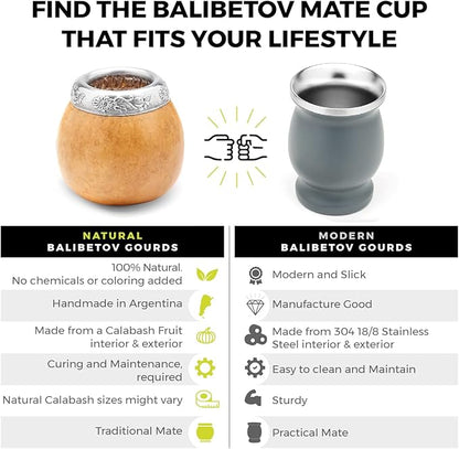 BALIBETOV Yerba Mate Gourd Set (Original Natural Handmade Yerba Mate Cup Argentina) - Includes Mate Tea Cup, Bombilla (Mate Straw) and Clean Brush - Classic Mate Cup and Bombilla Set (Suela)