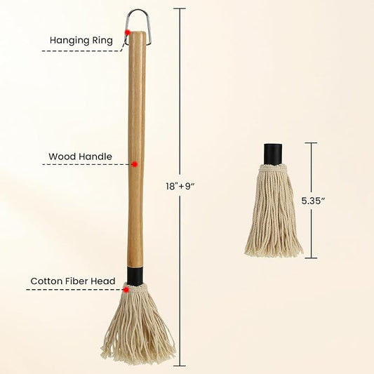 GEEKHOM Grill Basting Mop, Grilling Basting Mops Brushes with Long Wood Handle and Replacement Heads BBQ Sauce Brush for Barbecue Baking Smoking Roasting Steak Cooking, 18+14inch