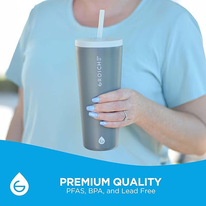 GROSCHE Jasper Insulated Stainless Steel Tumbler With Straw – Travel Cup with Lid, Extreme Insulation & Sleek Design, 23 oz - Grey