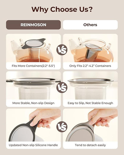 Reinmoson Large Tea Strainers & Filters for Loose Tea Single Cup, 304 Stainless Steel and Food Grade Silicone Extra Fine Mesh Tea Infusers for Loose Tea