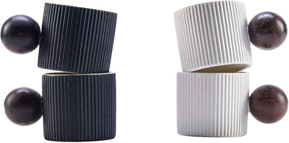Ceramic Mini Espresso Cups Demitasse Cups with Round Wooden Handle Vertical Stripes Tea Cups (Black/White, 4pcs)