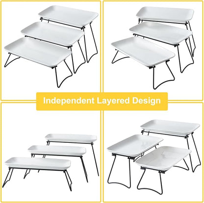 HAPPY KIT 3 Tier Serving Tray Set and Tiered Tray Stand,12 Inch Widened Porcelain Platters with Freely Combinable Rack,Decor Cupcake Stand for Christmas Party Display,Dessert Trays Collapsible