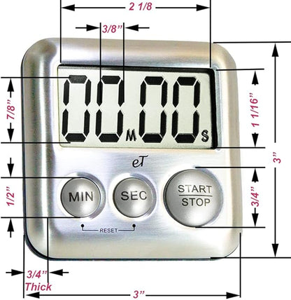 Elegant Digital Kitchen Timer Stainless Steel - Silver - Strong Magnetic Back - Kickstand - Loud Alarm - Large Display - Auto Memory - Auto Shut-Off - Model eT-26 (Silver) by eTradewinds