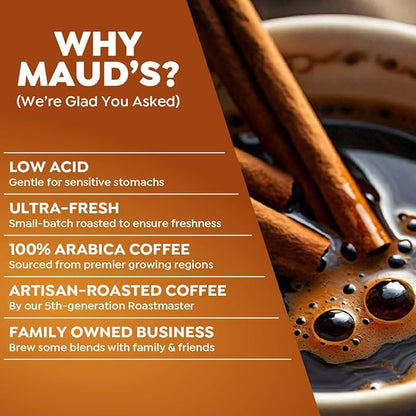 Maud's Cinnamon Roll Flavored Coffee Pods, 18 ct, Medium Roast Flavored Coffee in Recyclable Single Serve Pods – 100% Arabica Beans, Compatible with Keurig K Cups Maker