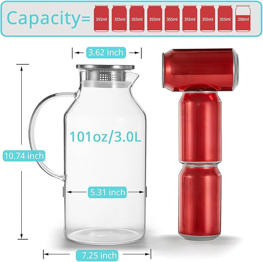 3 Liter 101 oz Glass Pitcher with Lid and Spout, Bivvclaz Glass Water Pitcher for Fridge, Glass Carafe for Hot/Cold Water, Iced Tea Pitcher, Large Jug for Coffee, Juice and Homemade Beverage