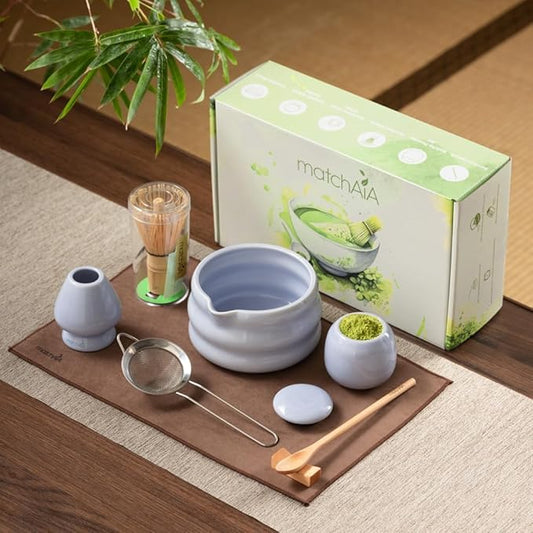 Matcha Whisk Set 8 Pcs - Ceramic Bowl, Bamboo Whisk with Holder, Canister, Sifter, Schima Spoon, Spoon Rest and Tea Towel, Complete Kit for Traditional Matcha and Modern Lattes (Purple)