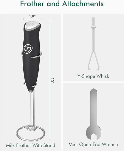 Milk Frother With Stand Handheld Frother Wand Drink Mixer Handheld Coffee Stirrers Electric Frother for Coffee Mixer Wand with 2 Whisk frother for protein powder-Black