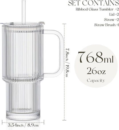 KEMORELA 2-Pack 26oz Ribbed Glass Tumblers with Handle & Lid – Large Iced Coffee Cups with Straws, Aesthetic Glass Mugs for Cold & Hot Drinks, Reusable Smoothie & Tea Cups (2PCS Ribbed Tumblers)