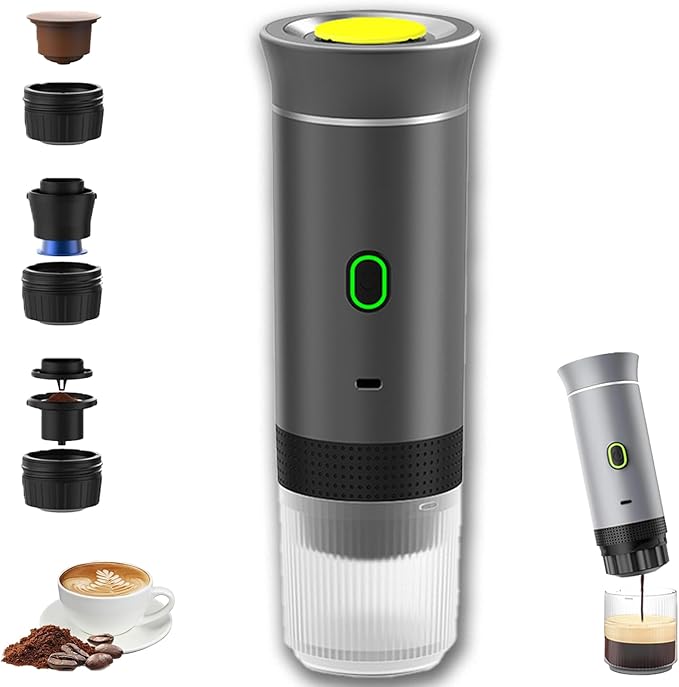 Esprova Portable Espresso Machine, Portable Electric Coffee Maker for Travel Camping, 3-in-1 Self-Heating Espresso Maker, Compatible with Ground Coffee and Capsules, Compact Lightweight (Grey)