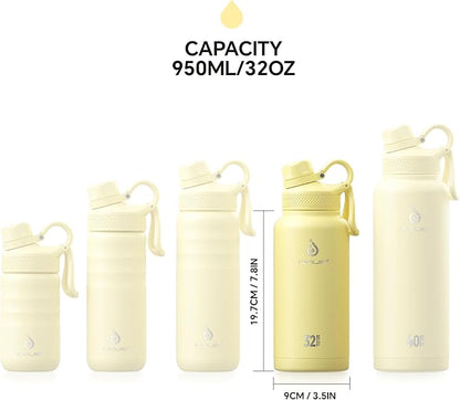 IDEUS Insulated Stainless Steel Water Bottle with 2 Leak-Proof Lids, Thermal Water Flask for Hiking Biking, 32oz, Light Yellow