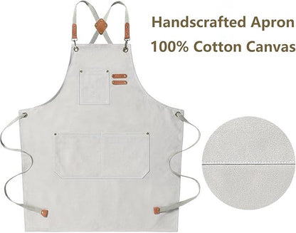 AFUN Chef Aprons for Men Women with Large Pockets, Cotton Canvas Cross Back Heavy Duty Adjustable Work Apron, Size M to XXL (Beige)
