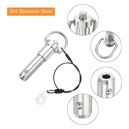 uxcell 2 Pcs Quick Release Pin, 1/2" x 1"(Dia. x L) Push-Button Ball Locking Pin 304 Stainless Steel Ring Handle Locking Pin with Wire for Audio Bimini Top Marine, Silver