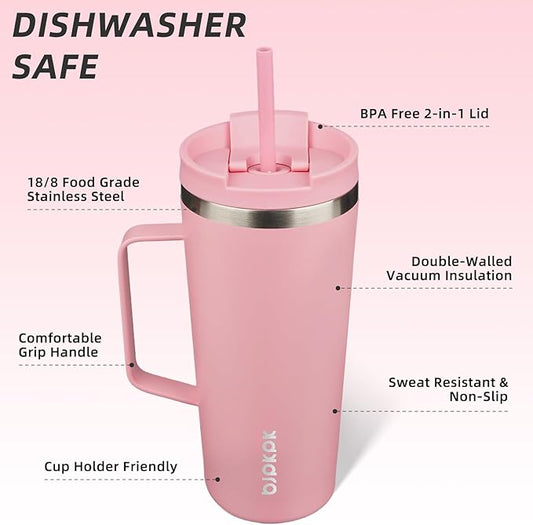 BJPKPK Insulated Tumbler with Handle, 22oz Insulated Tumblers with Lid and Straw, Stainless Steel Metal Water Bottles, Coffee Travel Mugs, Cups, Light Pink