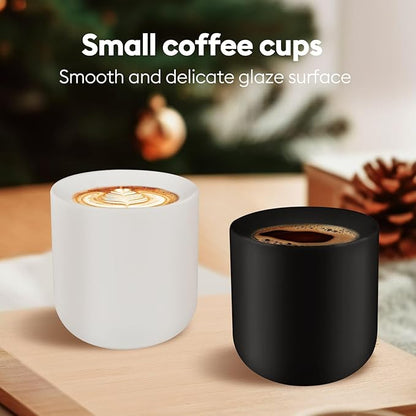 A set of 2 matte black ceramic espresso cups, thickened cup walls, slanted mouth design, each with a capacity of 3 ounces, hand washable only