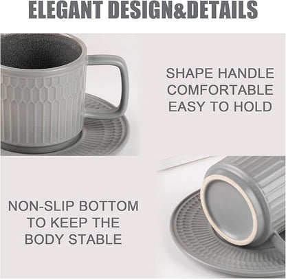 Large Cappuccino Cups with Saucers Set of 4, 8 Ounce Stackable Embossed Ceramic Coffee Mugs for Specialty Coffee Drinks, Latte, Cafe Mocha and Tea, Dishwasher & Microwave Safe (Grey)