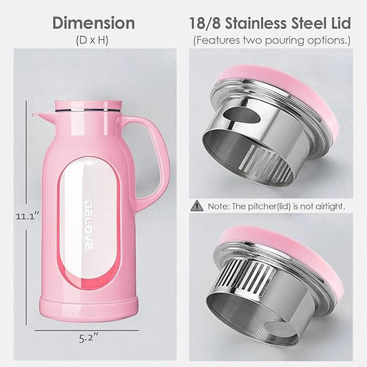 Delove 68 oz/2 Liter Glass Pitcher with Shatterproof Shell - Heat Resistant Glass Liner - Stainless Steel Lid - Carafe & Jug for Iced Tea,Hot/Cold Water,Homemade Juice Beverages (Pink)