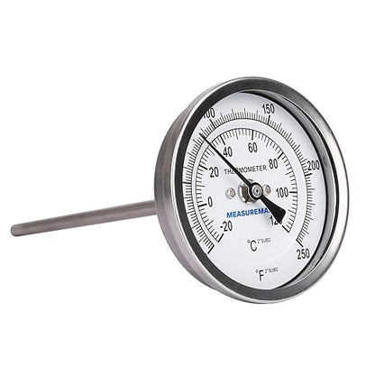 MEASUREMAN Fully Stainless Steel Pot, Kettle, Brewing Bimetal Dial Thermometer, 3" Dial, 6" Stem, 0-250 deg F/-20-120 deg C, -1% Accuracy, Adjustable, 1/2" NPT Back Mount