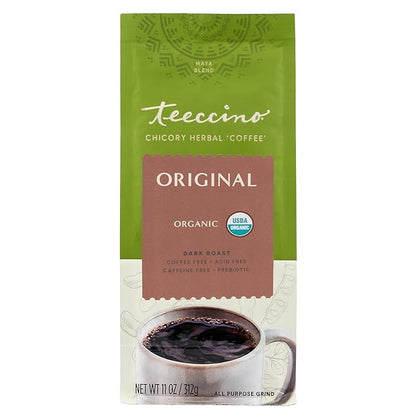 Teeccino Chicory Coffee Alternative, 11 Ounce - Original Herbal Coffee, Ground Herbal Coffee That’s Prebiotic, Caffeine-Free & Acid Free, Dark Roast