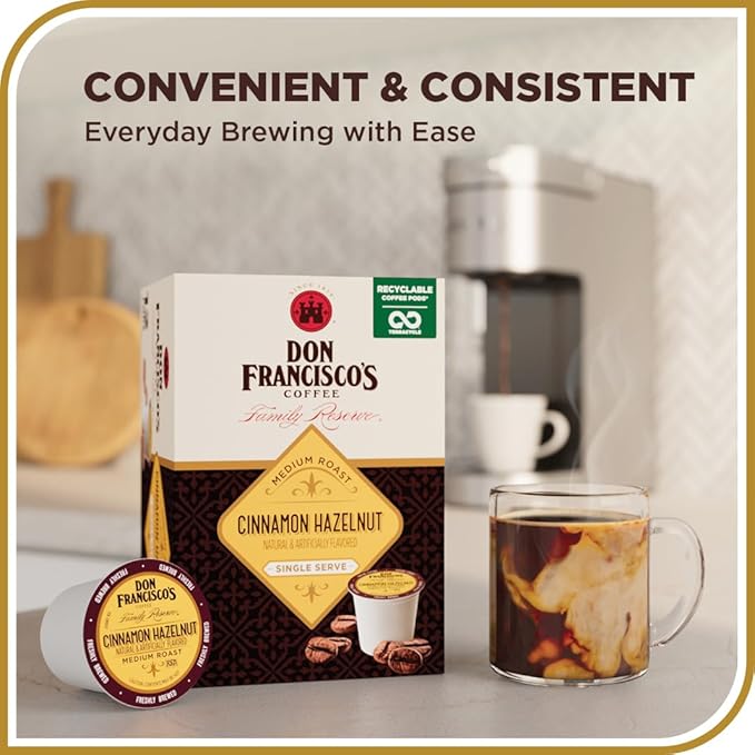 Don Francisco's Cinnamon Hazelnut Medium Roast Coffee - 55 K-Cup Compatible Single-Serve Pods - 100% Arabica - Compatible with Keurig Brewers