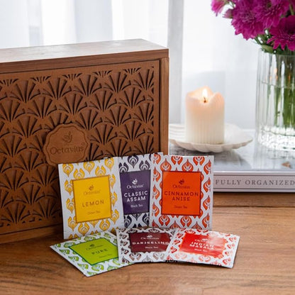 Octavius Tropical Palm Cutwork Wooden Tea Sampler Box | Premium Black & Green Tea Gift Set | 6 Flavors, 90 Tea Bags | Elegant Teas Gift Box for Tea Lovers