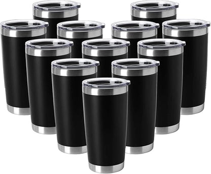 HASLE OUTFITTERS 20oz Tumblers Stainless Steel Mugs with Lid Double Wall Vacuum Insulated Coffee Cups for Cold & Hot Drinks (20oz-Black, 12 Pack)