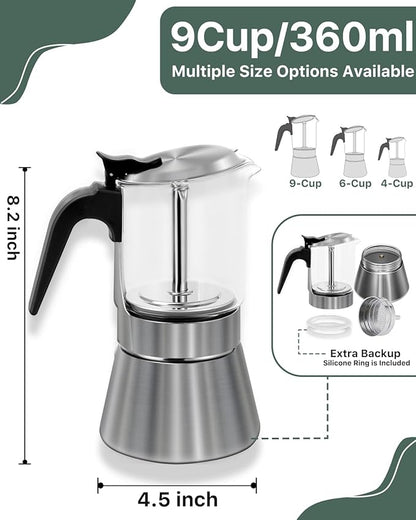 Grasseed Stainless Steel Moka Pot, Crystal Glass-top Coffee Maker Mocha Pot, Italian Stovetop Espresso Maker for Coffee - 9 Cup/360ml