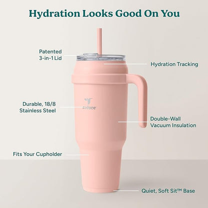 REDUCE 50 oz Stainless Steel Tumbler with Handle - Dual-Wall Vacuum Insulated Travel Mug, Sweat-Proof Lid & Reusable Straw - Keeps Drinks Cold for 24 Hrs, Fits Cupholders, Dishwasher Safe - Pink Clay