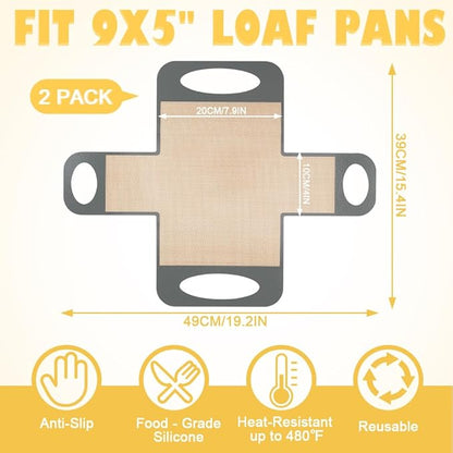 2 Pack Reusable Silicone Bread Loaf Pan Liners, Non-Stick & Easy Clean Baking Mats with 4 Handles for 9x5" Baking Loaf Pans, Baking Accessories for Baking Bread, Cookies
