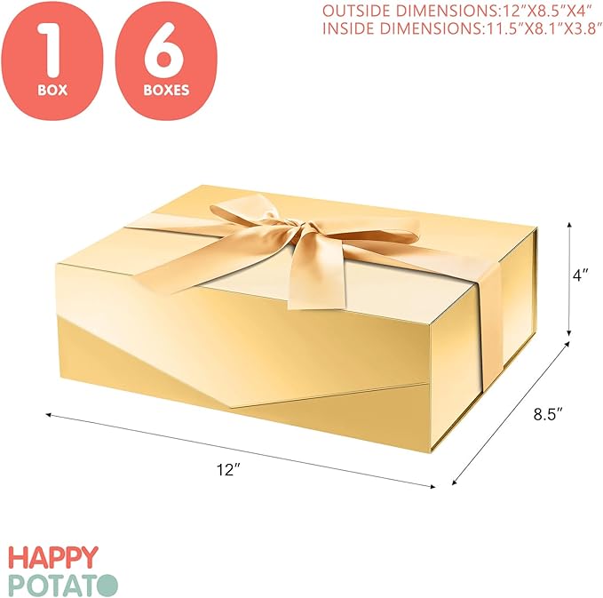 HAPPY POTATO Large Gift Box with Lid and Ribbon 11.5x8.1x3.8 Inches, Bridesmaid Proposal Box, Magnetic Gold Gift Box for Presents (Glossy Gold)