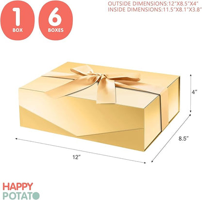 HAPPY POTATO Large Gift Box with Lid and Ribbon 11.5x8.1x3.8 Inches, Bridesmaid Proposal Box, Magnetic Gold Gift Box for Presents (Glossy Gold)