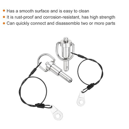uxcell 2 Pcs Quick Release Pin, 5/16" x 0.5"(Dia. x L) Push-Button Ball Locking Pin 304 Stainless Steel Ring Handle Locking Pin with Wire for Audio Bimini Top Marine, Silver