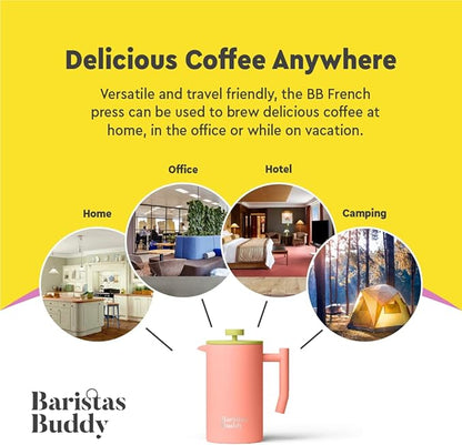 Cute Pink French Press Coffee Maker - Colorful, Retro And Stylish Insulated Coffee Brewer - Large Size Brews 4 Cups